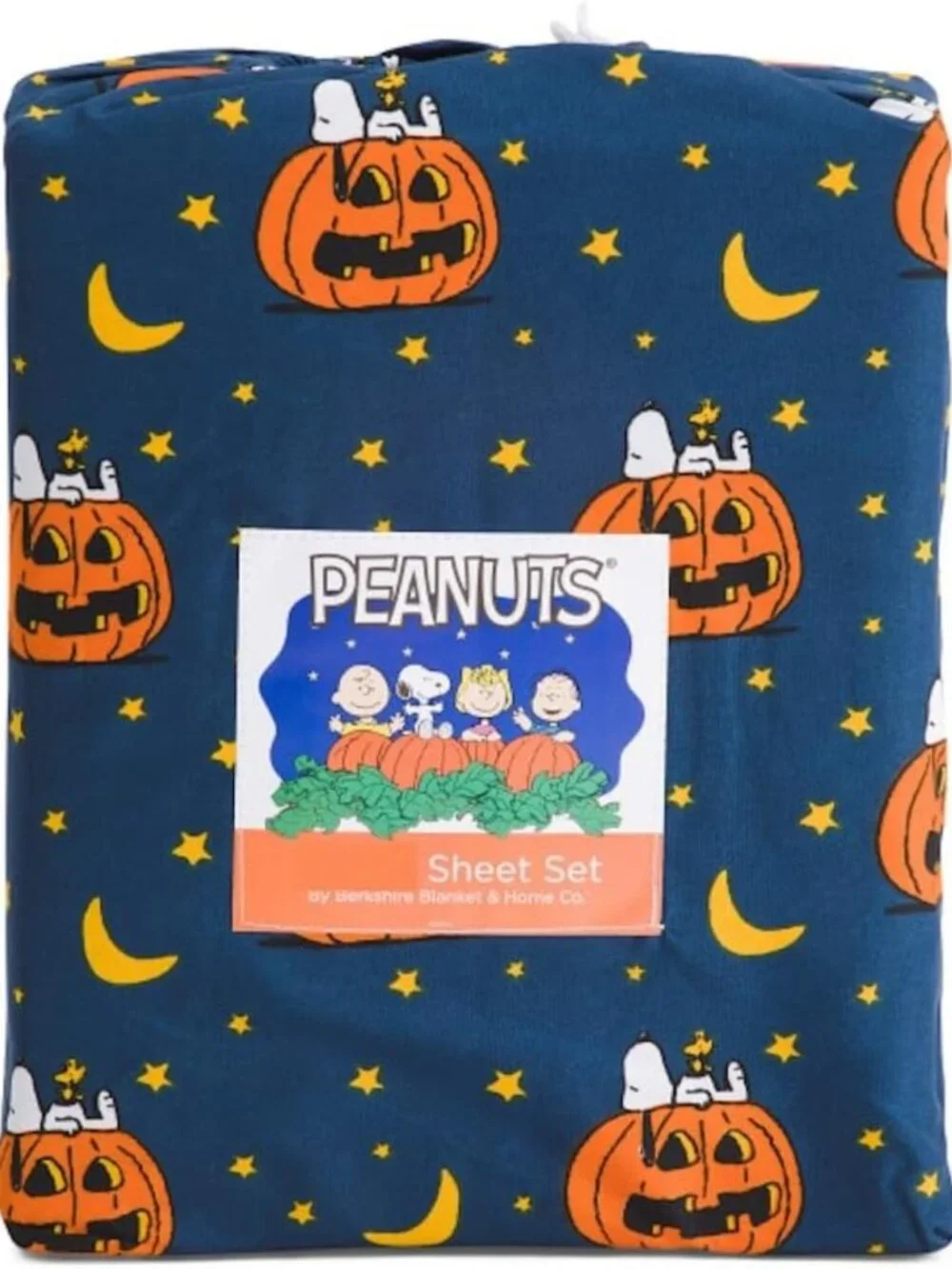Cozy Halloween Fall Sheet Set - Navy Moons & Pumpkins, Twin Size Bedding